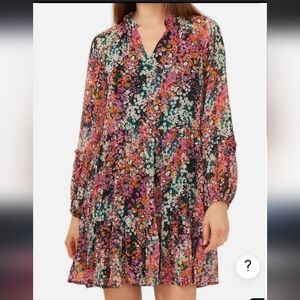 Vince Camuto Tiered Mini Dress Women's M Balloon Long Sleeve Ditsy Floral Pink
